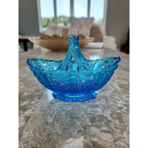 Fenton Daisy and Button Colonial Blue Glass Split Handle Small Basket 5 1/2" - Picture 1 of 5